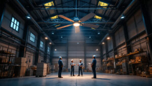 A photograph of a spacious industrial setting featuring a large industrial ceiling fan in action