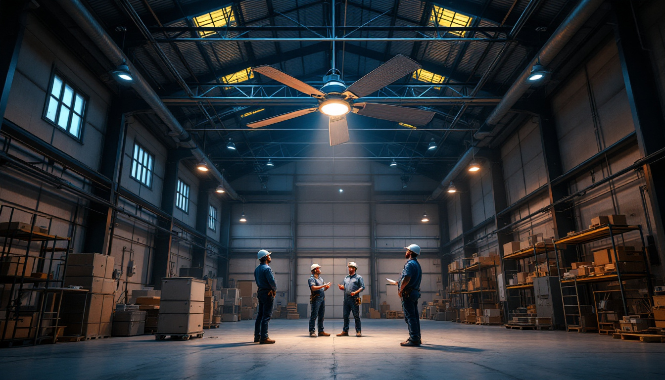 A photograph of a spacious industrial setting featuring a large industrial ceiling fan in action