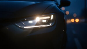 A photograph of a vehicle equipped with high-intensity discharge headlights illuminating a dark road