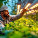 A photograph of a lighting contractor installing or adjusting led grow lights in a vibrant indoor garden or greenhouse setting