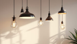 A photograph of a stylishly designed space featuring a variety of hanging pendant lights