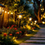A photograph of a beautifully illuminated outdoor space showcasing solar power lights in various settings