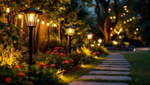 A photograph of a beautifully illuminated outdoor space showcasing solar power lights in various settings