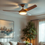 A photograph of a stylish ceiling fan with an integrated light kit in a beautifully decorated living space