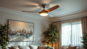 A photograph of a stylish ceiling fan with an integrated light kit in a beautifully decorated living space