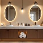 A photograph of a beautifully designed vanity bathroom featuring stylish lighting fixtures that highlight the space