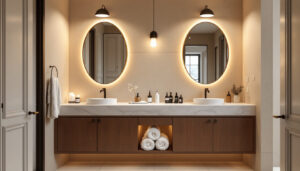 A photograph of a beautifully designed vanity bathroom featuring stylish lighting fixtures that highlight the space