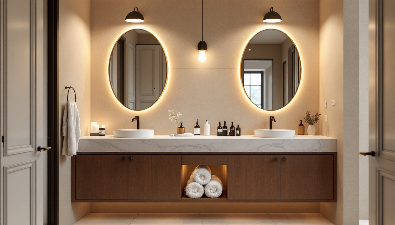 A photograph of a beautifully designed vanity bathroom featuring stylish lighting fixtures that highlight the space