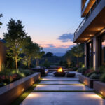 A photograph of a beautifully designed outdoor space featuring stylish recessed lighting that highlights landscaping