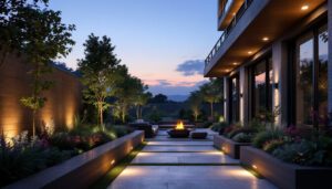 A photograph of a beautifully designed outdoor space featuring stylish recessed lighting that highlights landscaping