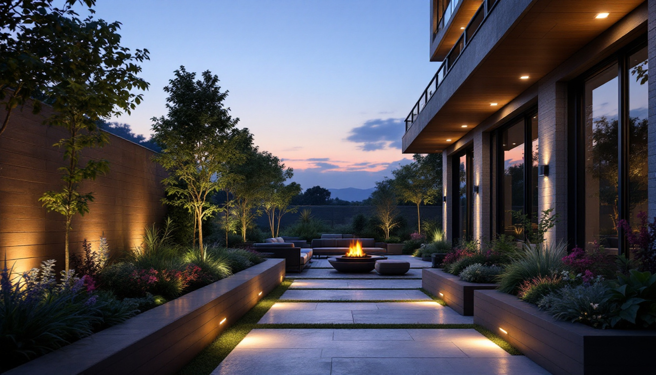 A photograph of a beautifully designed outdoor space featuring stylish recessed lighting that highlights landscaping