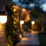 A photograph of a well-lit outdoor area featuring motion sensor lights in action