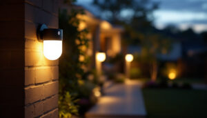 A photograph of a well-lit outdoor area featuring motion sensor lights in action