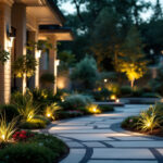 A photograph of a well-organized outdoor lighting setup featuring various led fixtures in a beautifully landscaped environment