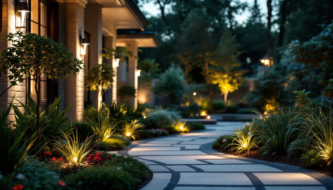 A photograph of a well-organized outdoor lighting setup featuring various led fixtures in a beautifully landscaped environment