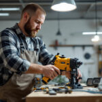A photograph of a skilled electrician using an electric conduit bender in a well-lit workspace