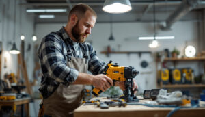 A photograph of a skilled electrician using an electric conduit bender in a well-lit workspace
