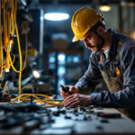 A photograph of a lighting contractor expertly handling various types of power cords in a well-lit workspace