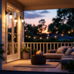 A photograph of a stylish outdoor porch light illuminating a cozy porch setting during twilight
