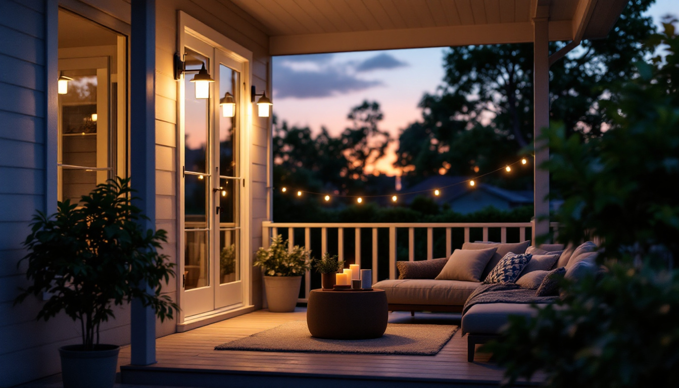 A photograph of a stylish outdoor porch light illuminating a cozy porch setting during twilight