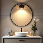 A photograph of a stylish washroom vanity illuminated by a well-designed light fixture