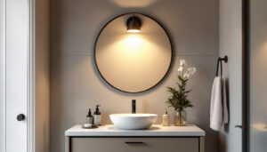 A photograph of a stylish washroom vanity illuminated by a well-designed light fixture