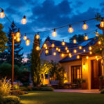 A photograph of a beautifully landscaped outdoor space illuminated by vibrant led string lights