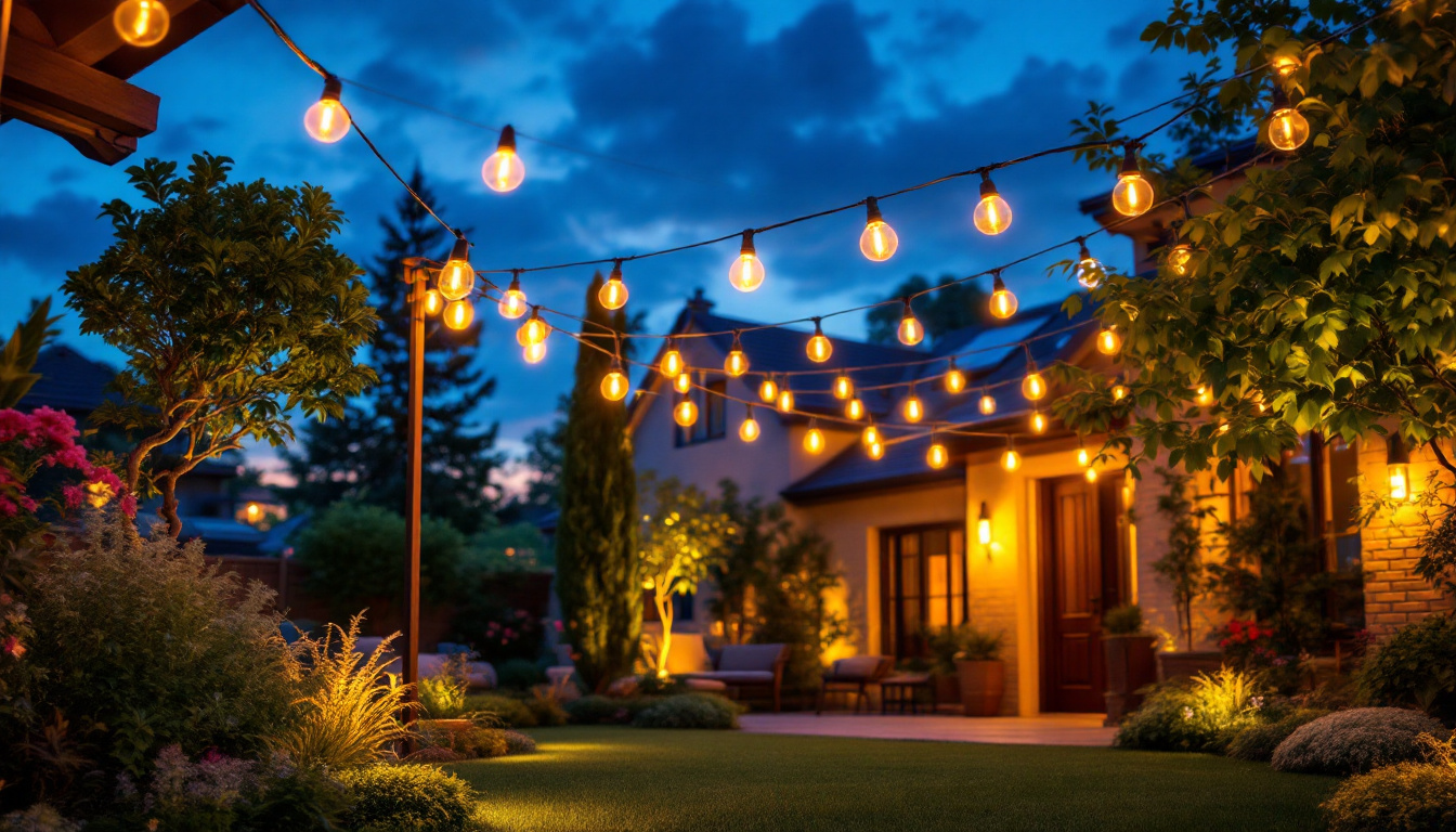 A photograph of a beautifully landscaped outdoor space illuminated by vibrant led string lights
