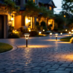 A photograph of a beautifully illuminated driveway featuring solar lights at dusk