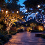 A photograph of a beautifully illuminated outdoor space featuring led string lights draped across trees or patios