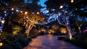A photograph of a beautifully illuminated outdoor space featuring led string lights draped across trees or patios
