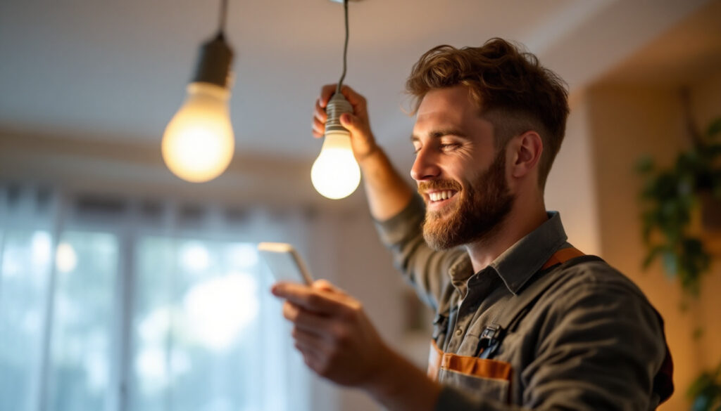 A photograph of a lighting contractor installing daylight light bulbs in a residential setting