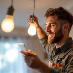 A photograph of a lighting contractor installing daylight light bulbs in a residential setting