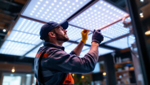 A photograph of a lighting contractor expertly installing led panels in a modern commercial space