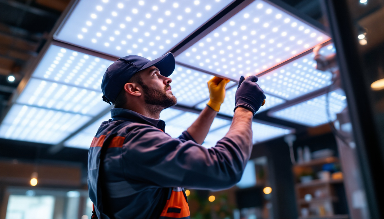 A photograph of a lighting contractor expertly installing led panels in a modern commercial space