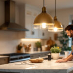 A photograph of capture a photograph of a beautifully designed island light fixture hanging over a kitchen island