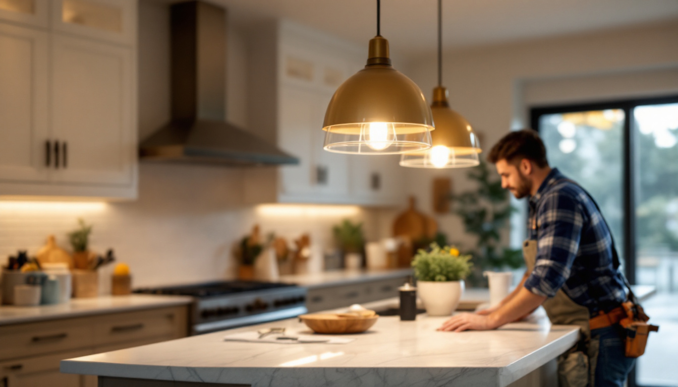 A photograph of capture a photograph of a beautifully designed island light fixture hanging over a kitchen island