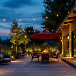 A photograph of a beautifully lit outdoor space at dusk
