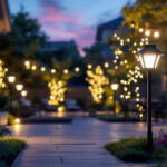 A photograph of a beautifully lit outdoor space featuring solar outdoor lights in various settings