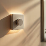 A photograph of a well-lit room featuring a stylish dimmer switch in action