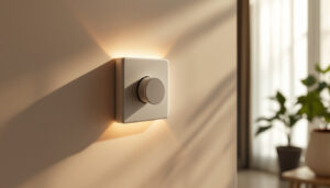 A photograph of a well-lit room featuring a stylish dimmer switch in action