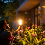 A photograph of a solar light installation in a garden at dusk