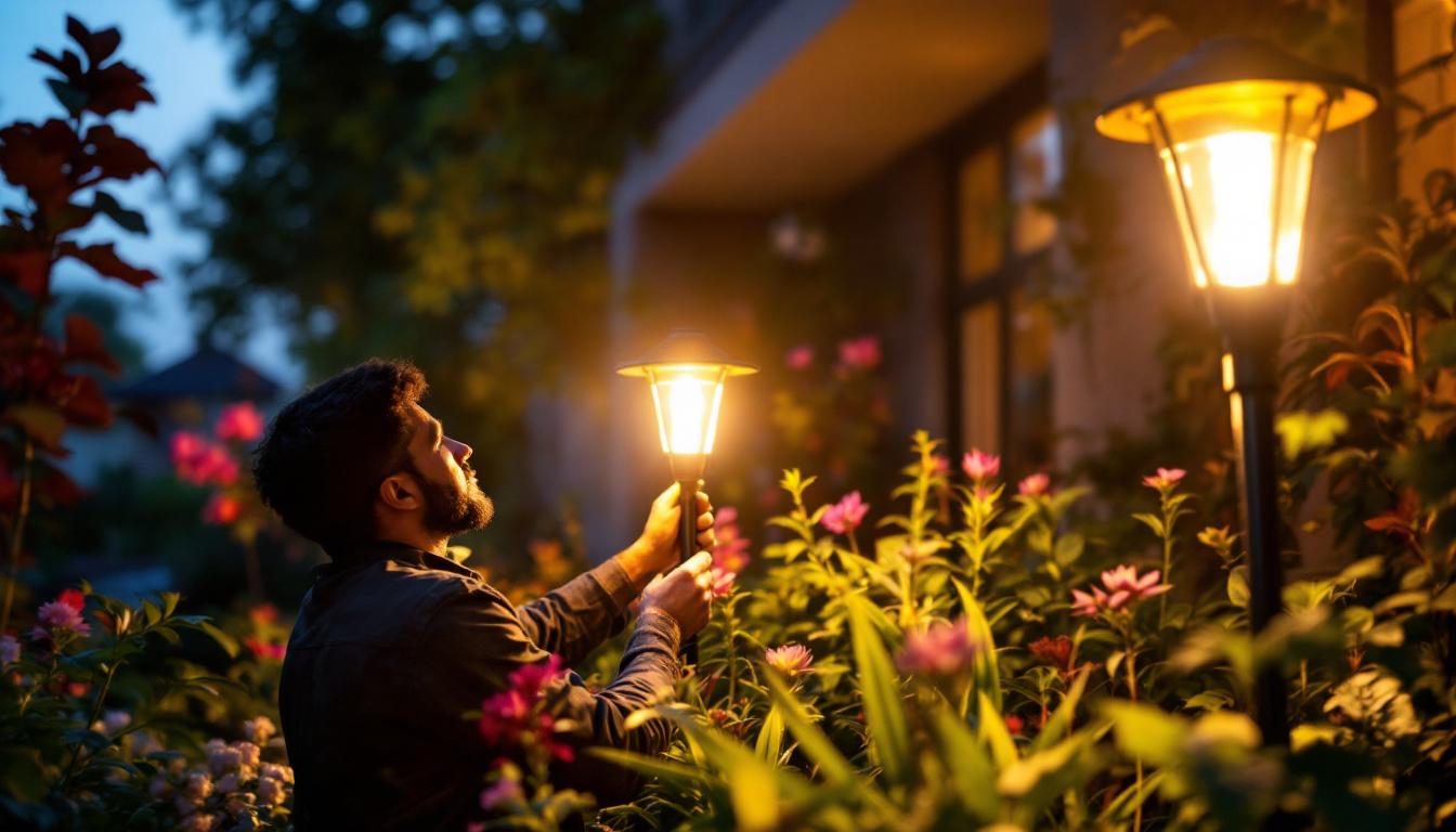 A photograph of a solar light installation in a garden at dusk
