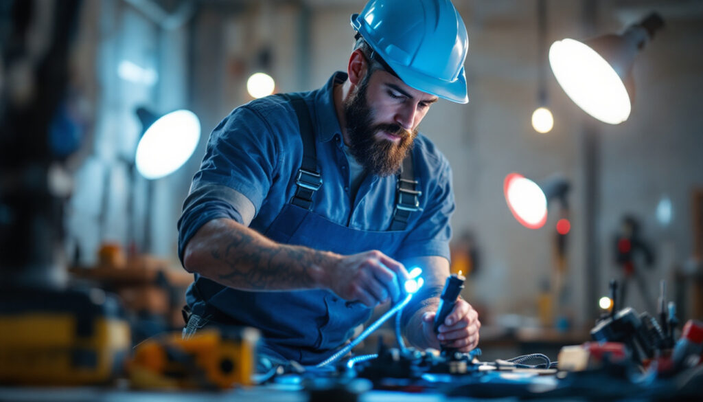 A photograph of a lighting contractor skillfully using an innovative electrical cord in a dynamic work environment