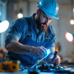 A photograph of a lighting contractor skillfully using an innovative electrical cord in a dynamic work environment