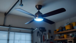 A photograph of a stylish garage ceiling fan with integrated lighting
