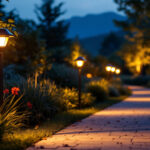 A photograph of a beautifully illuminated solar walkway at dusk