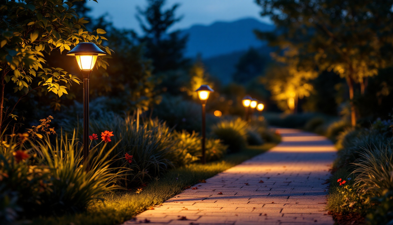 A photograph of a beautifully illuminated solar walkway at dusk