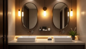A photograph of a beautifully designed bathroom featuring stylish bath vanity lights that highlight the elegance of the space