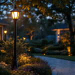 A photograph of a beautifully designed outdoor lamp post illuminated at dusk